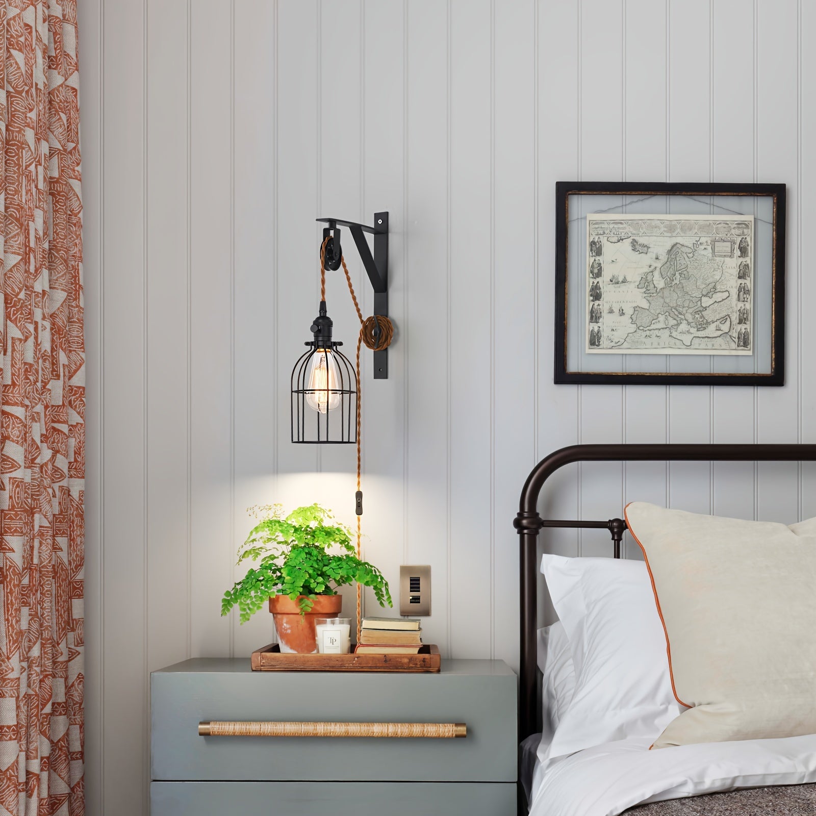 1/2-Piece Farmhouse Style Plug-In Pulley Pendant Light, with Brown Cord and Switch Wall Light