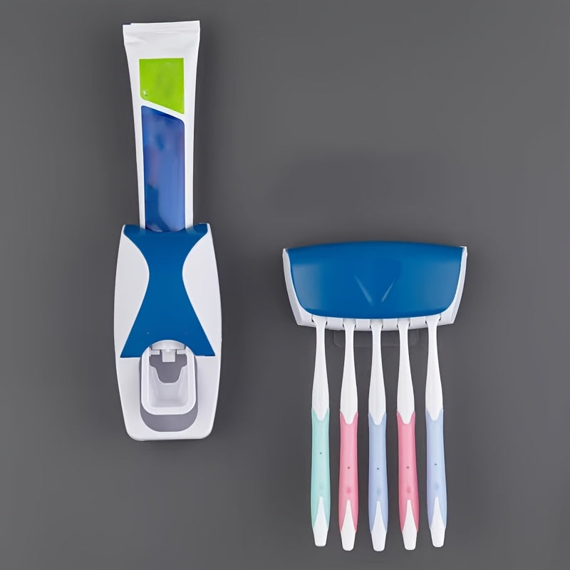 [5-Slot No-Drill] Toothbrush Holder & Press-Type Toothpaste Dispenser Set - Large Capacity ABS Plastic Wall Mount (Holds 5 Toothbrushes) - Dustproof & Moisture-Proof Design, Space-Saving