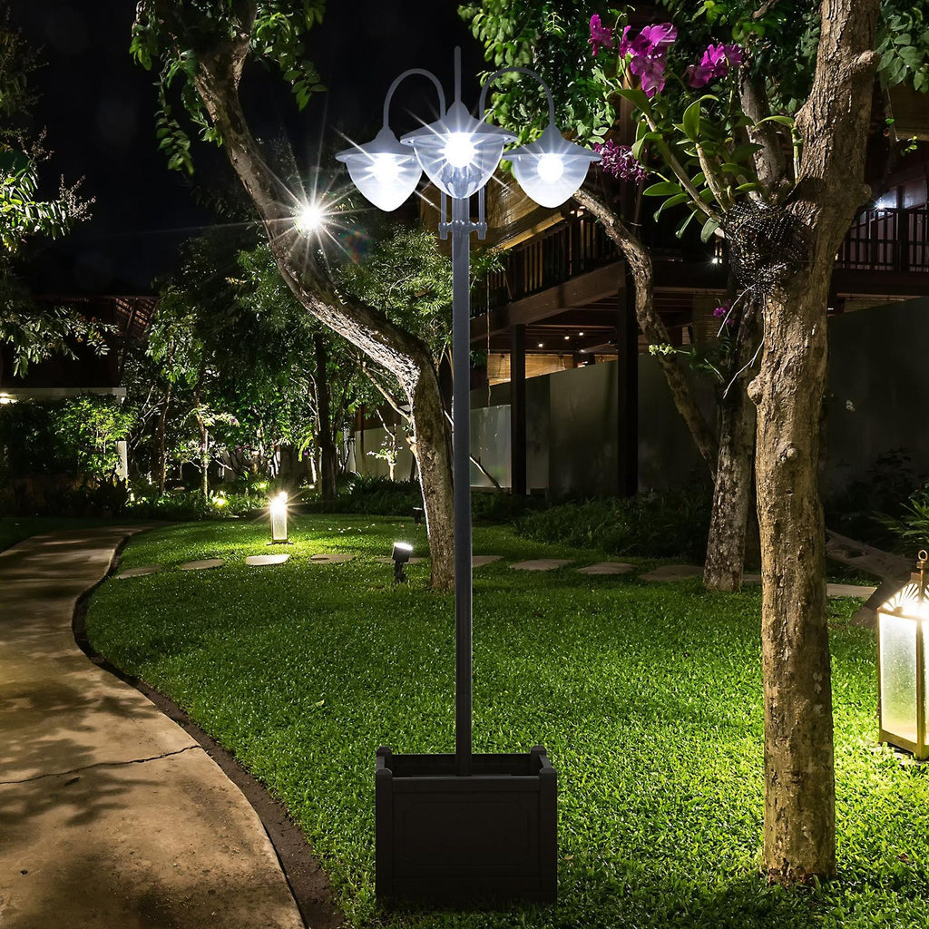 3-Head LED Solar Lamp Post Street Light with Planter, Solar Lamp Post, Black
