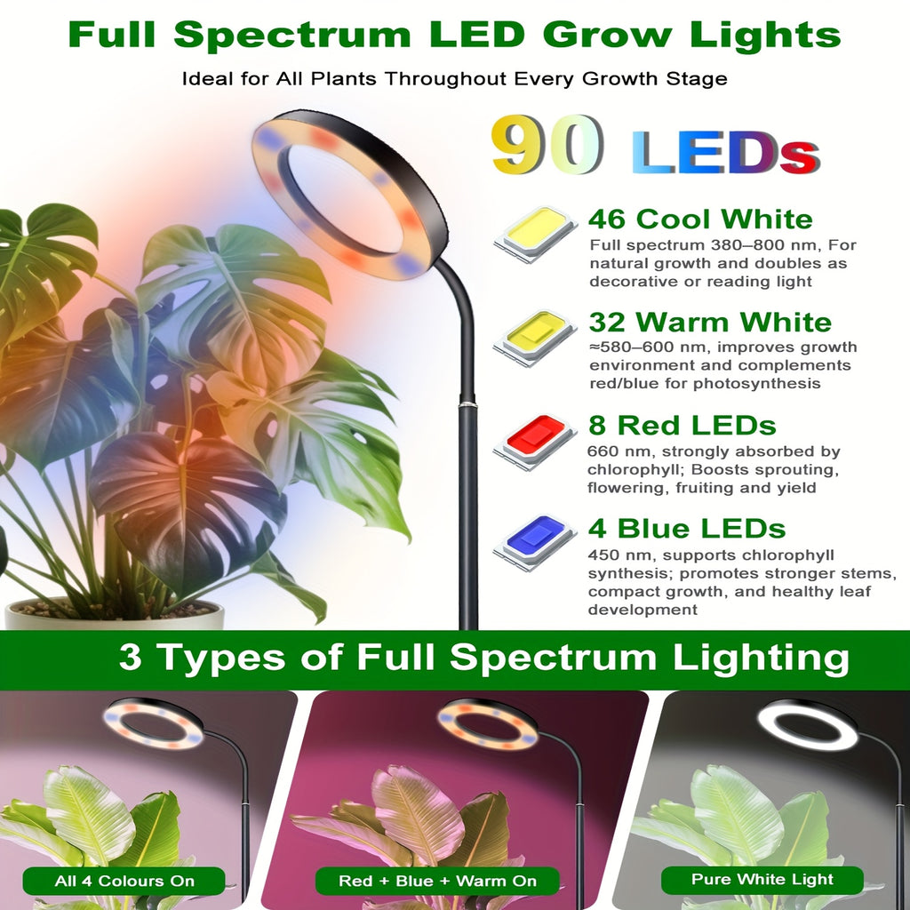 4-Color Circular Floor Plant Lamp, USB Powered, Freely Extendable, Indoor Flower Plant Grow Light, 3/9/12H Timer, Dimmable Plant Lighting