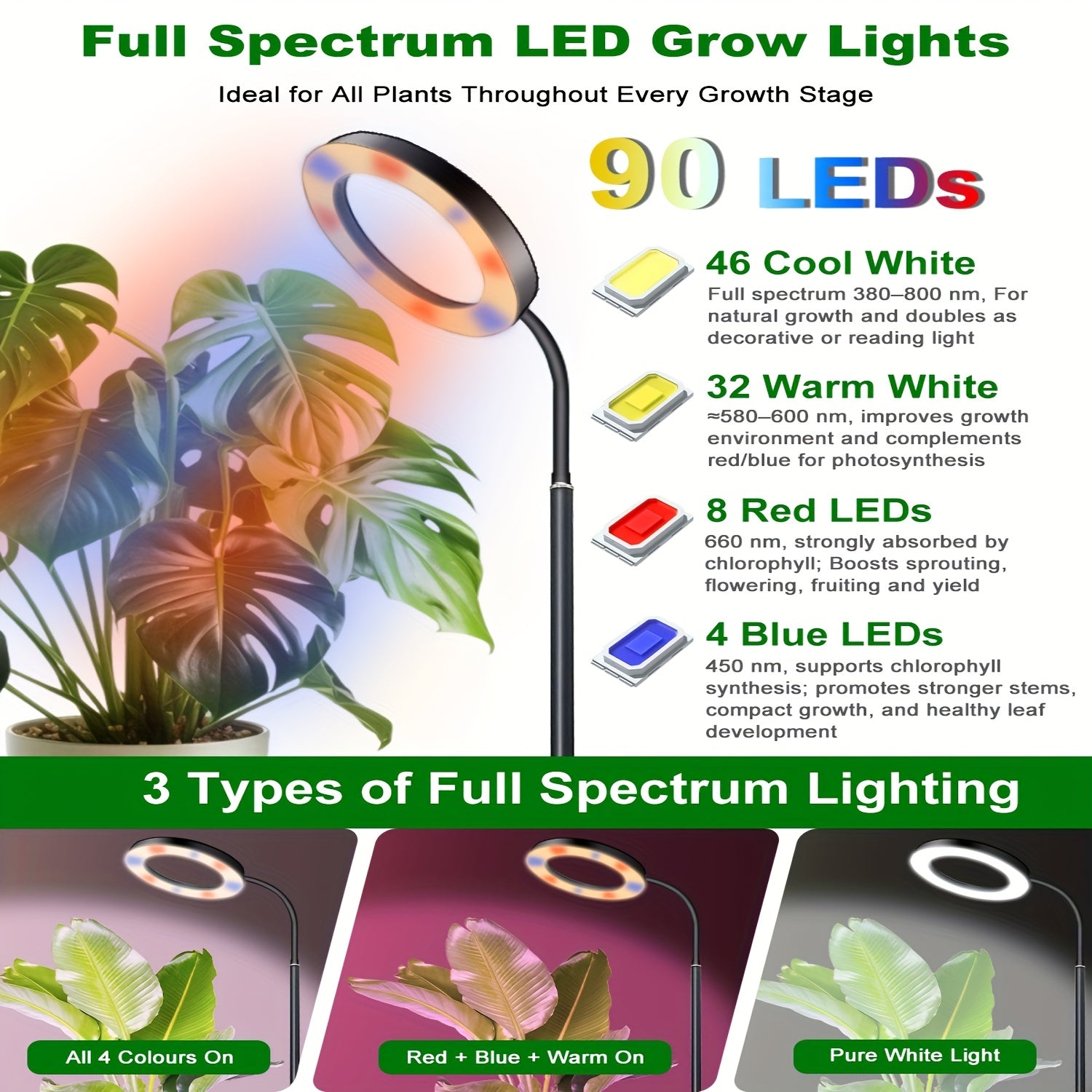 4-Color Circular Floor Plant Lamp, USB Powered, Freely Extendable, Indoor Flower Plant Grow Light, 3/9/12H Timer, Dimmable Plant Lighting