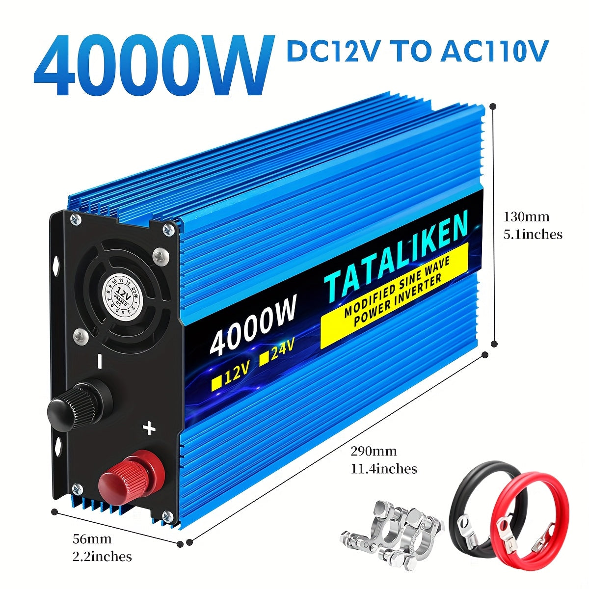TATALIKEN 电源逆变器3000W/4000W(峰值功率), DC12V转AC110V, 家用备用电源逆变器/低噪音适用于车载, 汽车、房车、卡车以及电子设备，不带电池