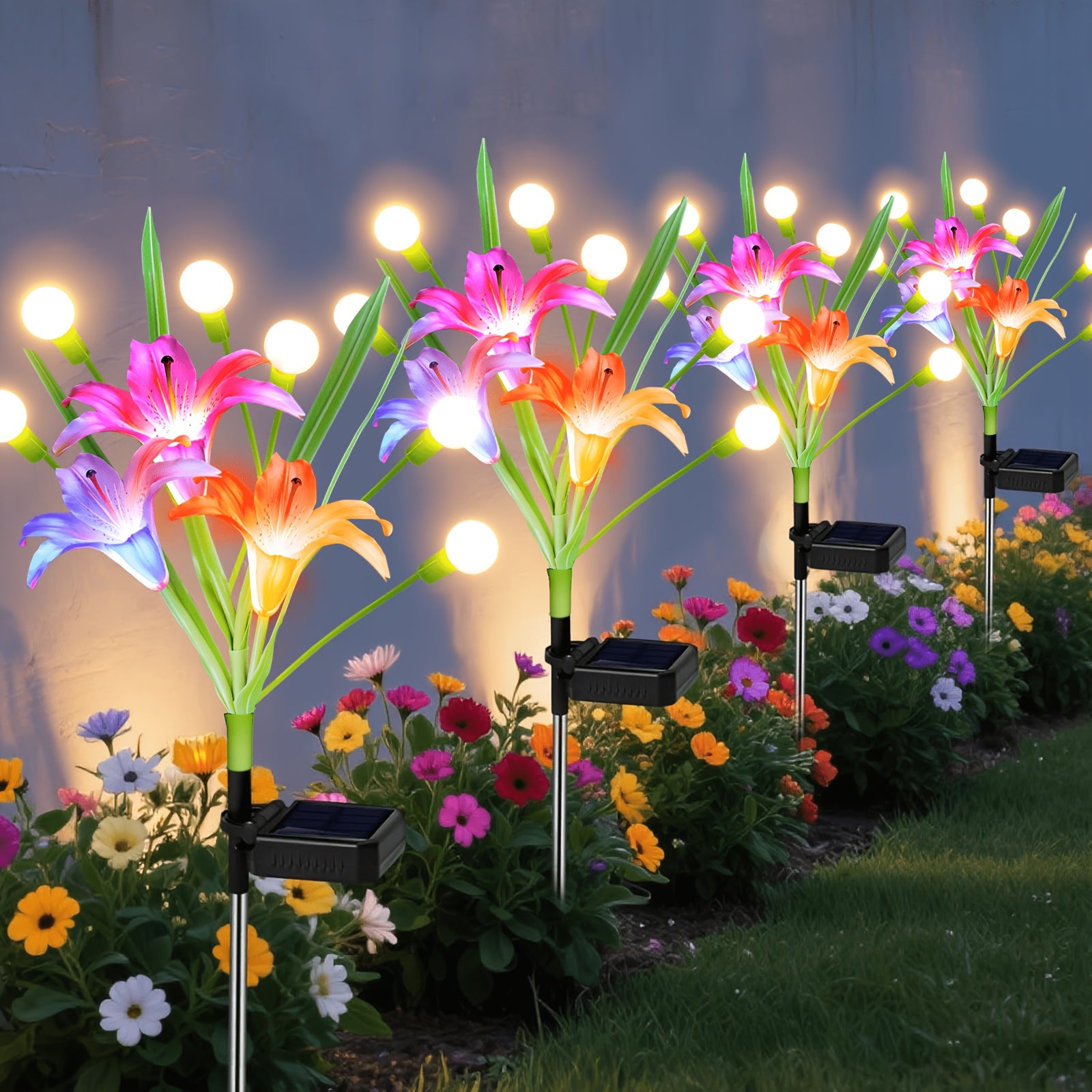 8/4 Pack Solar Garden Light Set - New Upgraded Outdoor Solar Light, 7-Color Changing Lily Light, Perfect for Courtyard, Includes 12 Realistic Lilies & 24 Firefly Lights, Garden Decoration, More Realistic Lily Flower - Birthday & Holiday Gift
