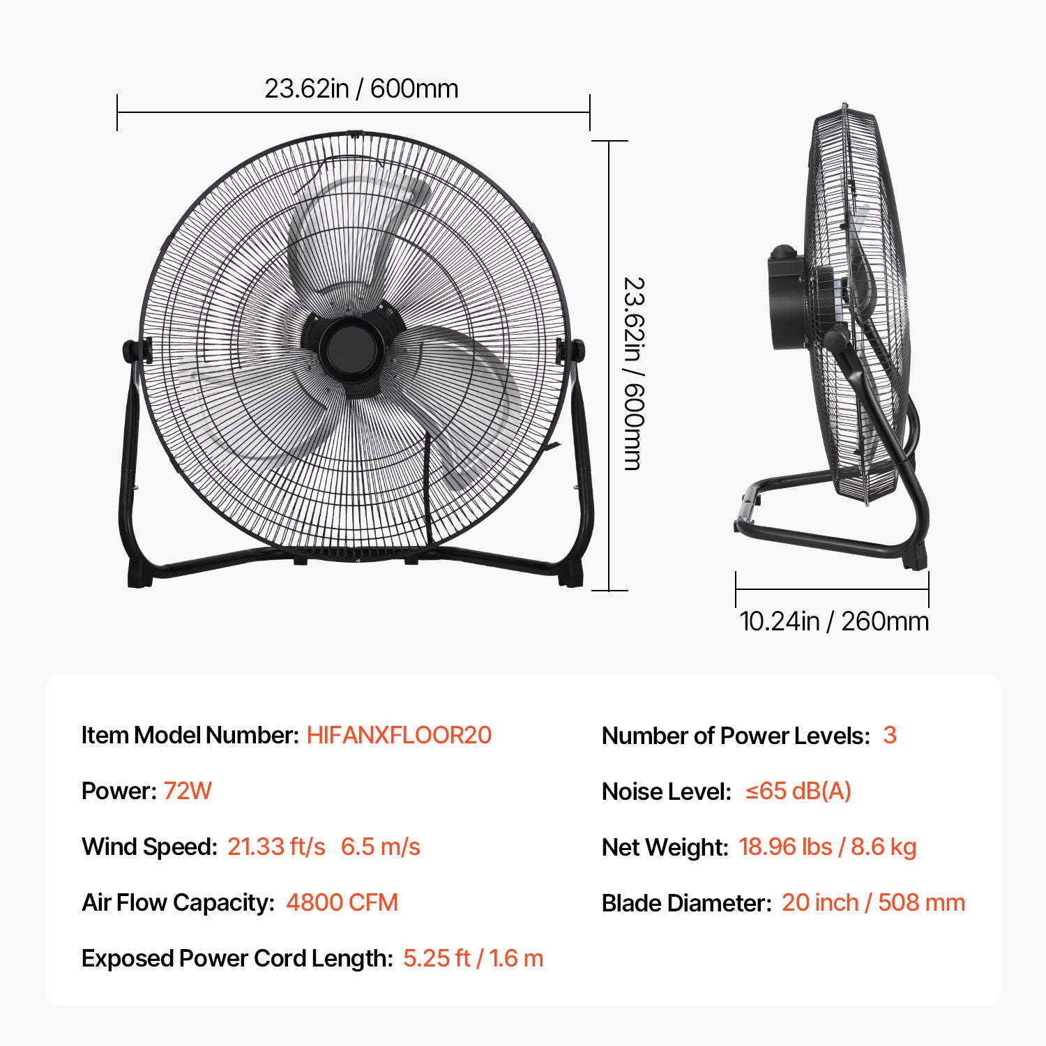 VEVOR 14-20 Inch Floor Fan, 3 Speed, 360° Adjustable Tilt, High Speed Industrial Fan, 1/2 Pack
