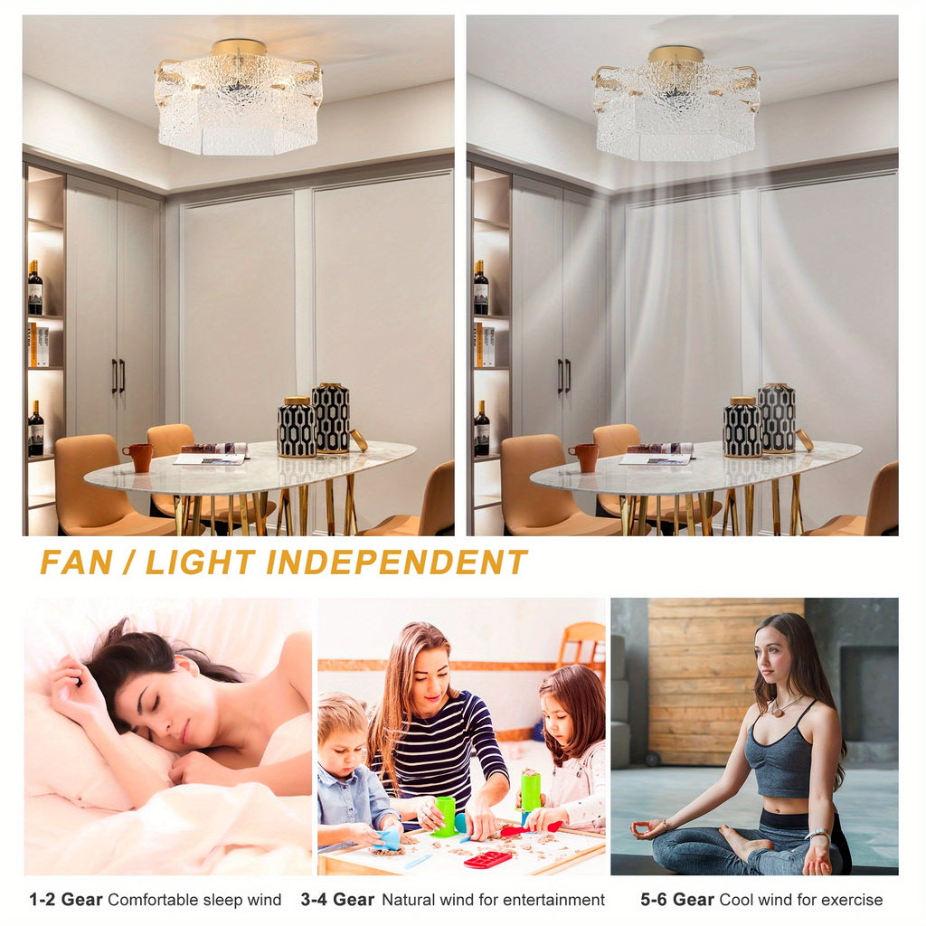 Ganeed Flush Mount Ceiling Fan with Light, 60W Gold Acrylic Ceiling Light, Retro Hallway Ceiling Lamp, Close-to-Ceiling Fixture for Kitchen Island Bedroom Dining Room, E12 Base