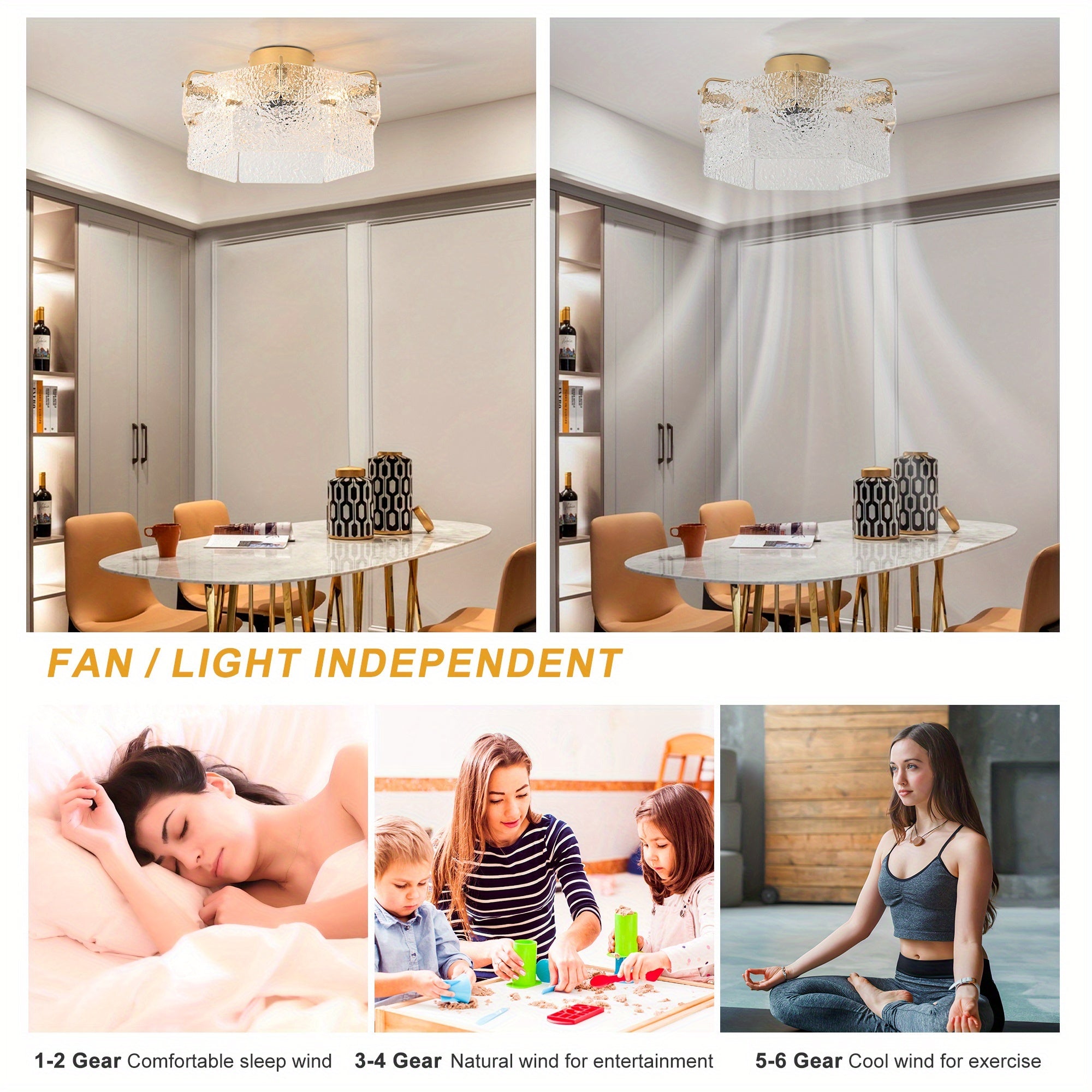 Ganeed Flush Mount Ceiling Fan with Light, 60W Gold Acrylic Ceiling Light, Retro Hallway Ceiling Lamp, Close-to-Ceiling Fixture for Kitchen Island Bedroom Dining Room, E12 Base