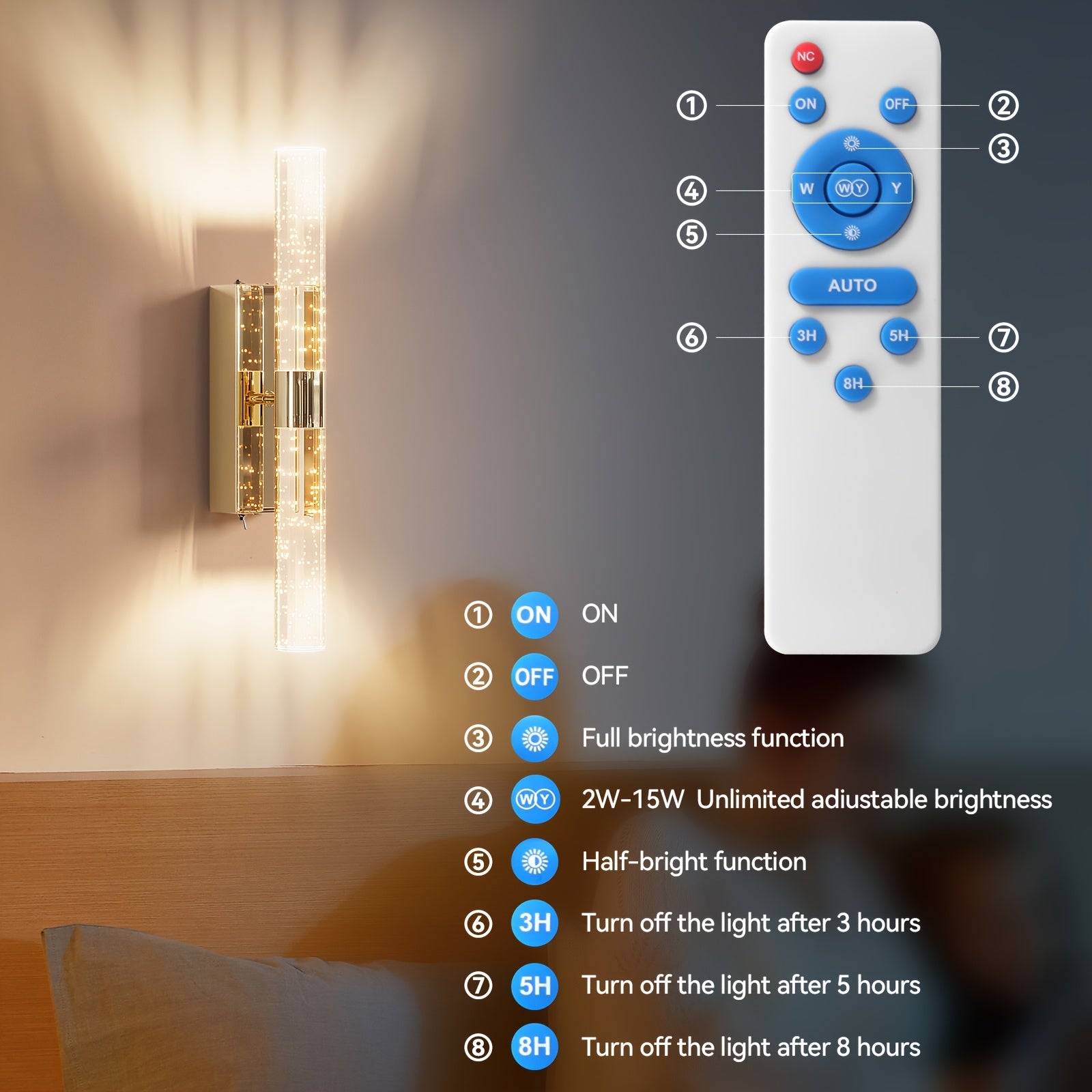 Battery Operated Wall Light 10000mAh Rechargeable Battery Powered Wall Light Indoor Wall Light No Hardwiring Remote Control Wall Light Dimmable Wall Light Accessories Bedroom Living Room (1pc)