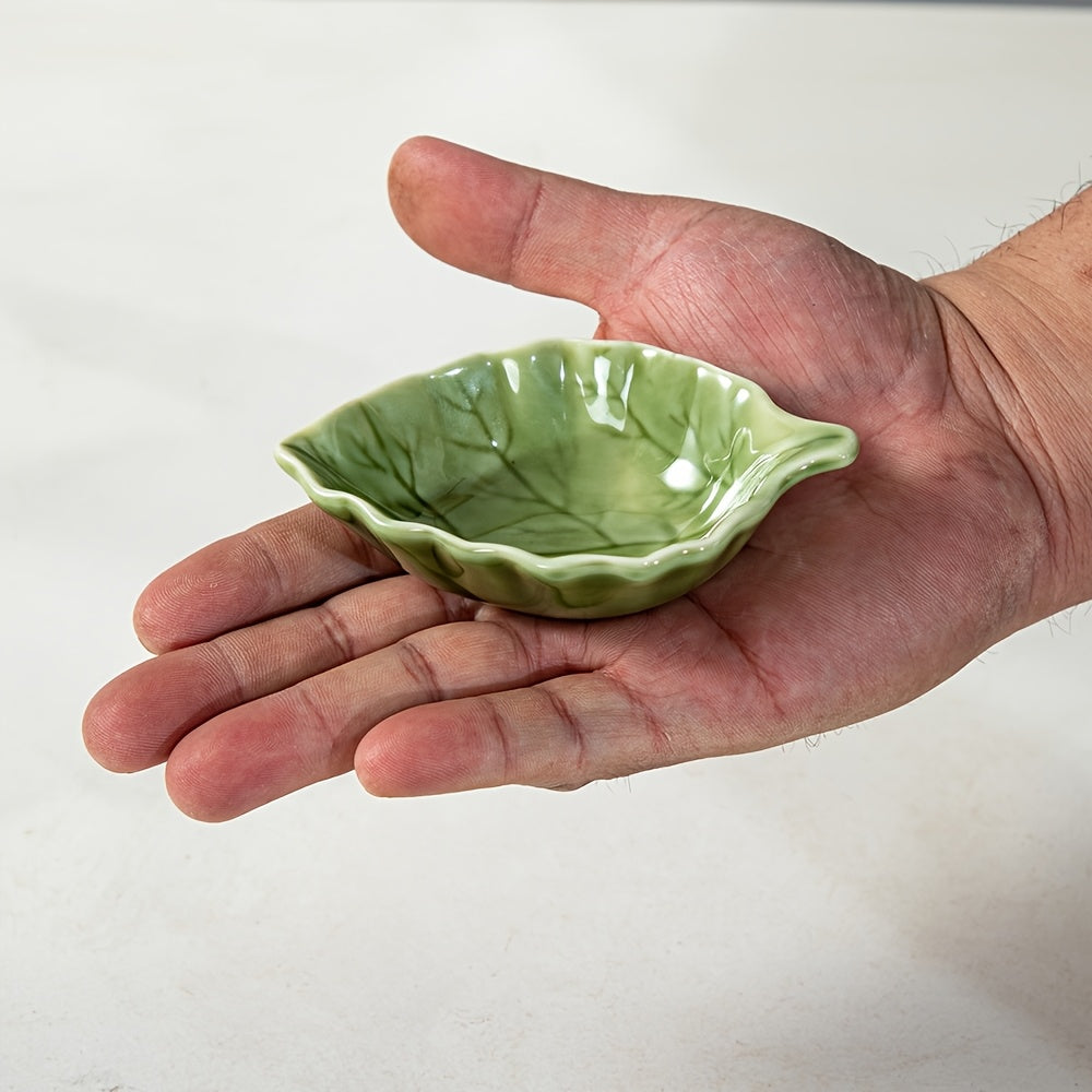 4/6pcs 40ml / 1.35oz Ceramic Dip Dish – Cute Green Leaf Soy Sauce Dish – Heat-Resistant Ceramic Espresso Measure Cup – Perfect for Serving Coffee, Sauce, Honey &amp; Milk – Espresso Bar Table Décor