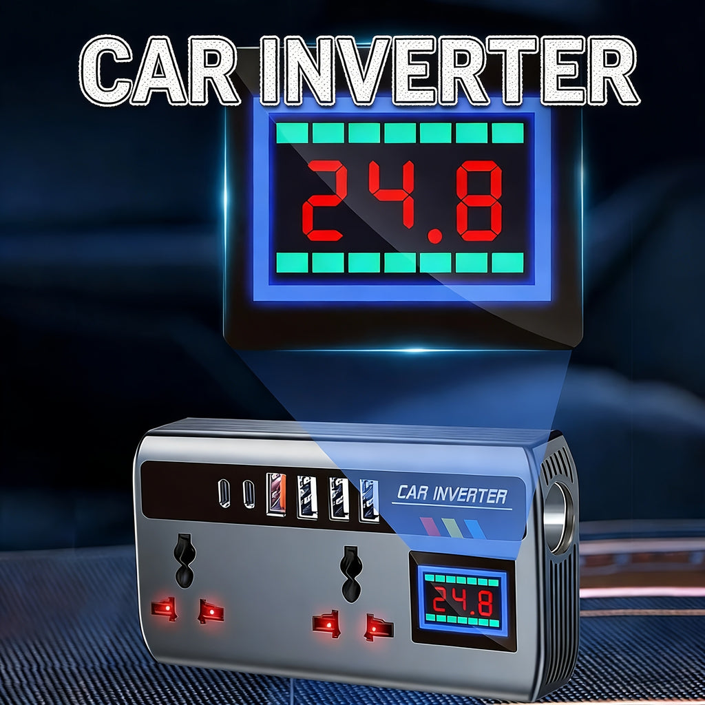 200W车载电压转换器逆变器，从DC 12V/24V到AC 220V，双通用插座+6个USB端口，数字电压显示，智能快速充电和大功率变压器-适用于汽车、卡车和SUV