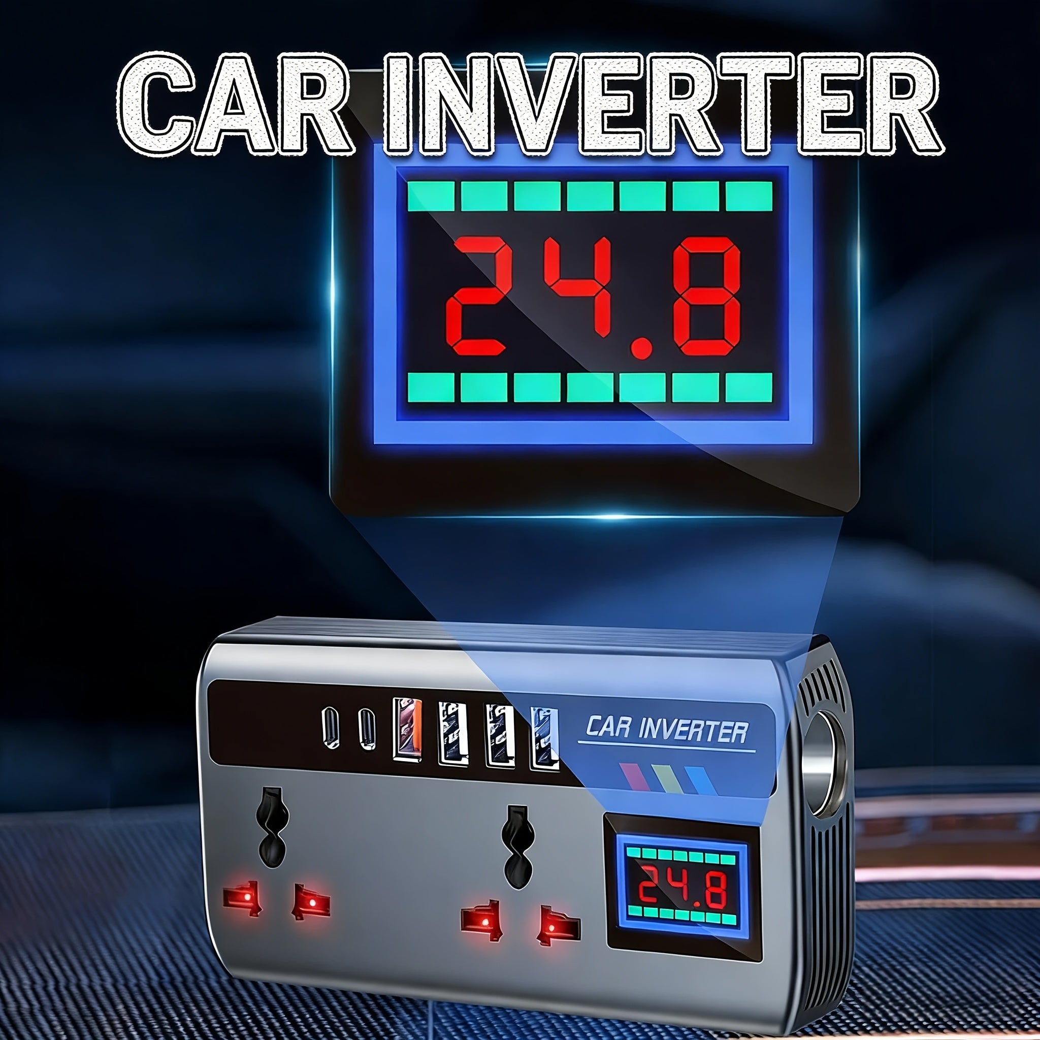 200W车载电压转换器逆变器，从DC 12V/24V到AC 220V，双通用插座+6个USB端口，数字电压显示，智能快速充电和大功率变压器-适用于汽车、卡车和SUV