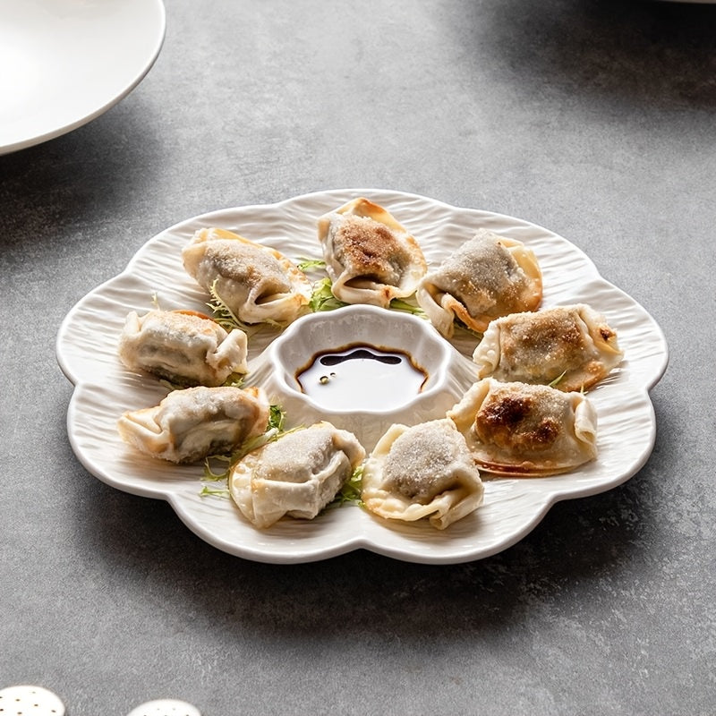 2pcs Novel Multi-Use Plastic PP Dinner Plate with Sauce Dish, Reusable Home Sushi Plate, New Year Dumpling Plate – Perfect for Dumplings, Deviled Eggs, Noodles, Vegetable Platter, Sushi, Tacos, Salsa, Deli, BBQ Breakfast Dips