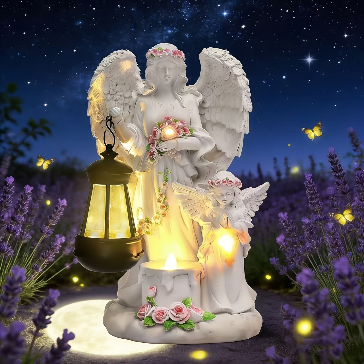 OTDECOR 1-Piece Angel Lantern Outdoor Statue, Flower-Decorated Winged Angel Outdoor Tabletop Decoration, Soft Warm Light Angel Ornament Outdoor Tabletop Accessory, Quiet Patio Garden Outdoor Decor Outdoor Tabletop Statue