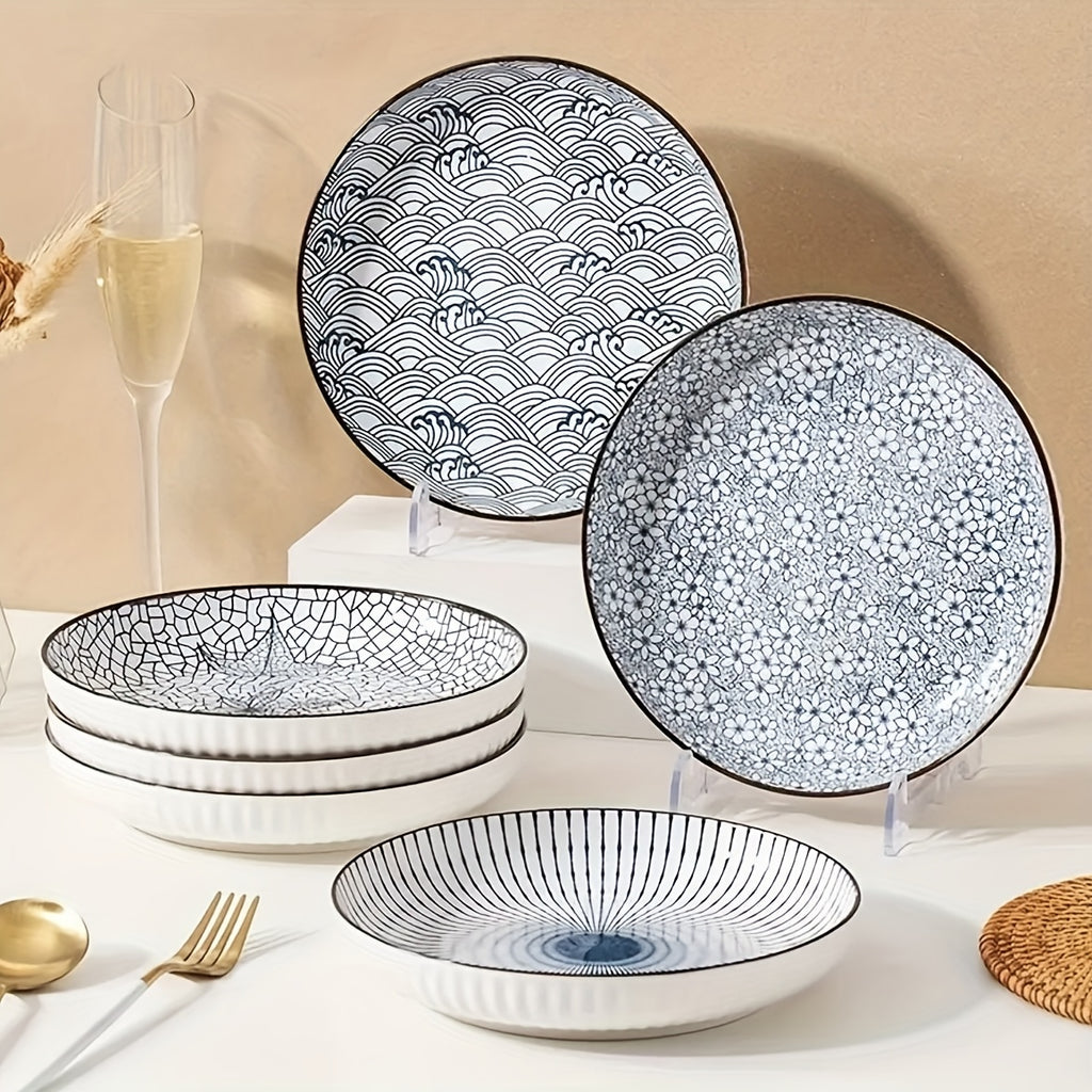 4-Piece Japanese Ceramic Floral Dinner Plate Set – Yamada Home Dinner Plates, Nordic Style Steak Plates, 7-Inch Deep Ceramic Plates, Non-Slip Rim, Under-Glaze Color Round Plates