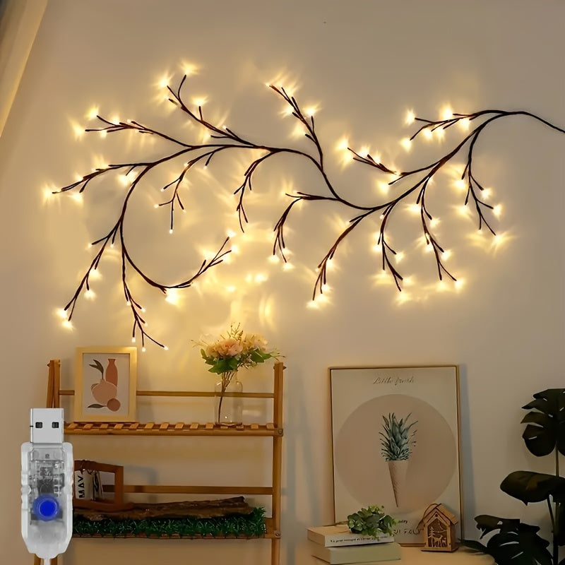AMill USB 电源 96 个 LED 柳藤壁灯 - 暖白色，70.9 英寸人造植物枝条照明，适合舒适的客厅和卧室装饰，非常适合圣诞节壁炉架或节日墙面点缀、节日墙面装饰|节庆氛围|暖白光，客厅灯，最适合圣诞节