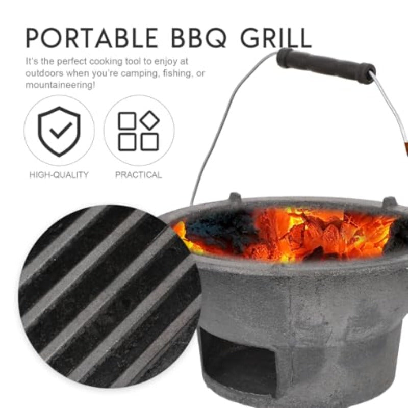 Portable Cast Iron BBQ Grill & Outdoor Charcoal Stove – Compact & Lightweight Cooking Fire Pit for Camping, Picnic, Backyard BBQ – Heavy-Duty Cast Iron Grate, Works with Charcoal Briquettes & Lump Charcoal (No Assembly Required)