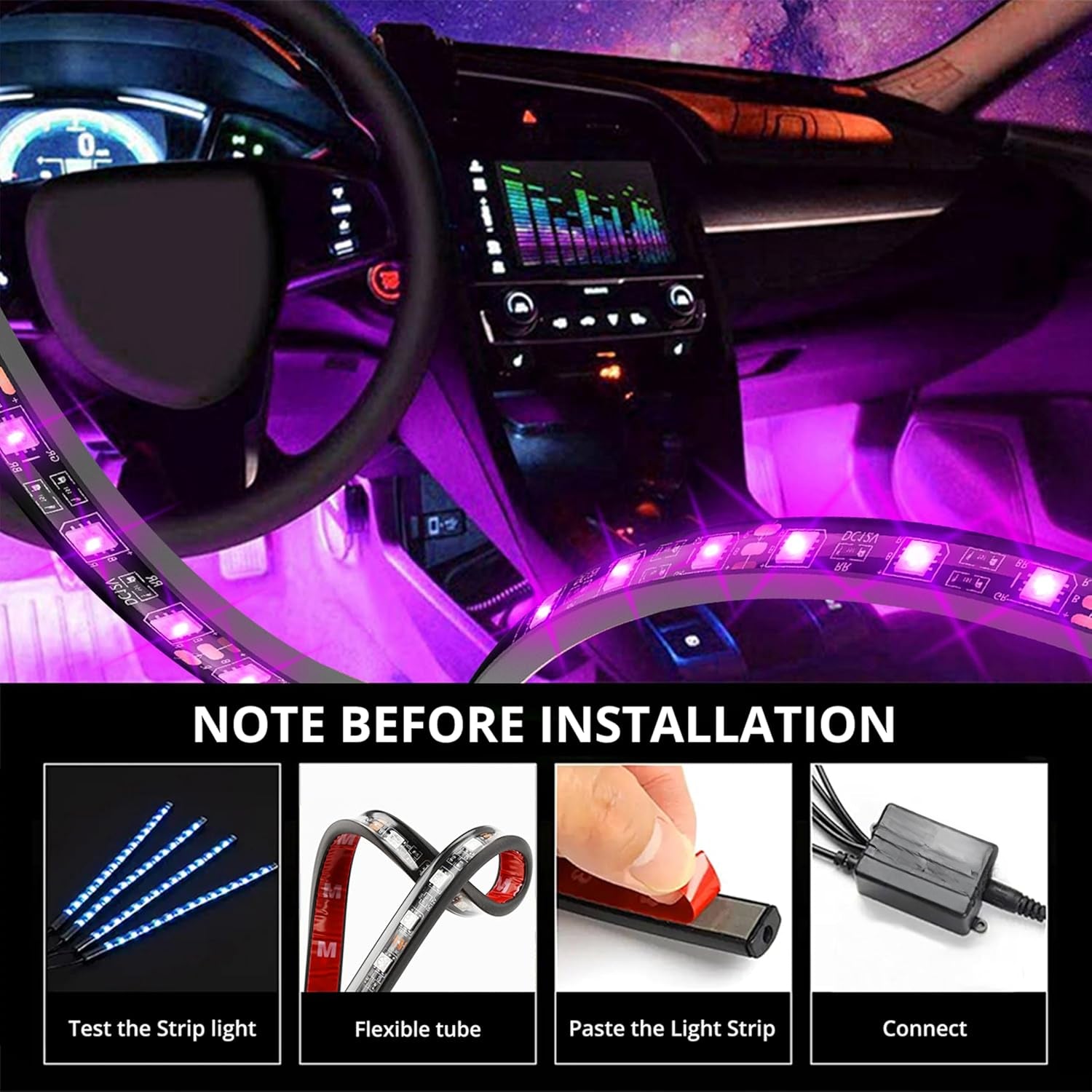 4合1 5050 SMD 48LED RGB 车内氛围灯条，适用于仪表盘下、脚部等区域，带车用插头和20键控制，适用于汽车、卡车、ATV、UTV、房车