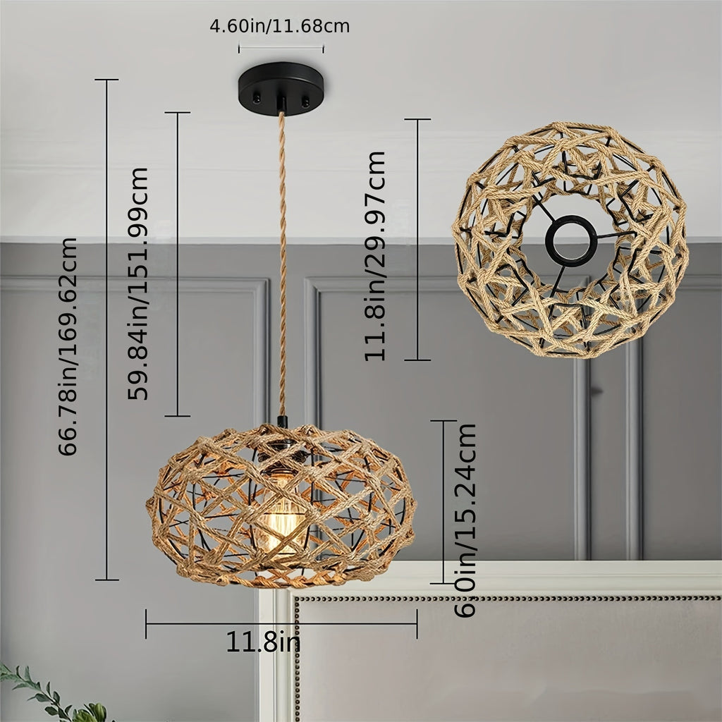 Handwoven Rattan Pendant Light with Jute Rope Woven Shade – Bohemian Rustic Rattan Hanging Lamp, Adjustable Hanging Rope and E26 Socket (Bulb Sold Separately), Suitable for Coastal Farmhouse Bohemian Style Ceiling Light Fixture