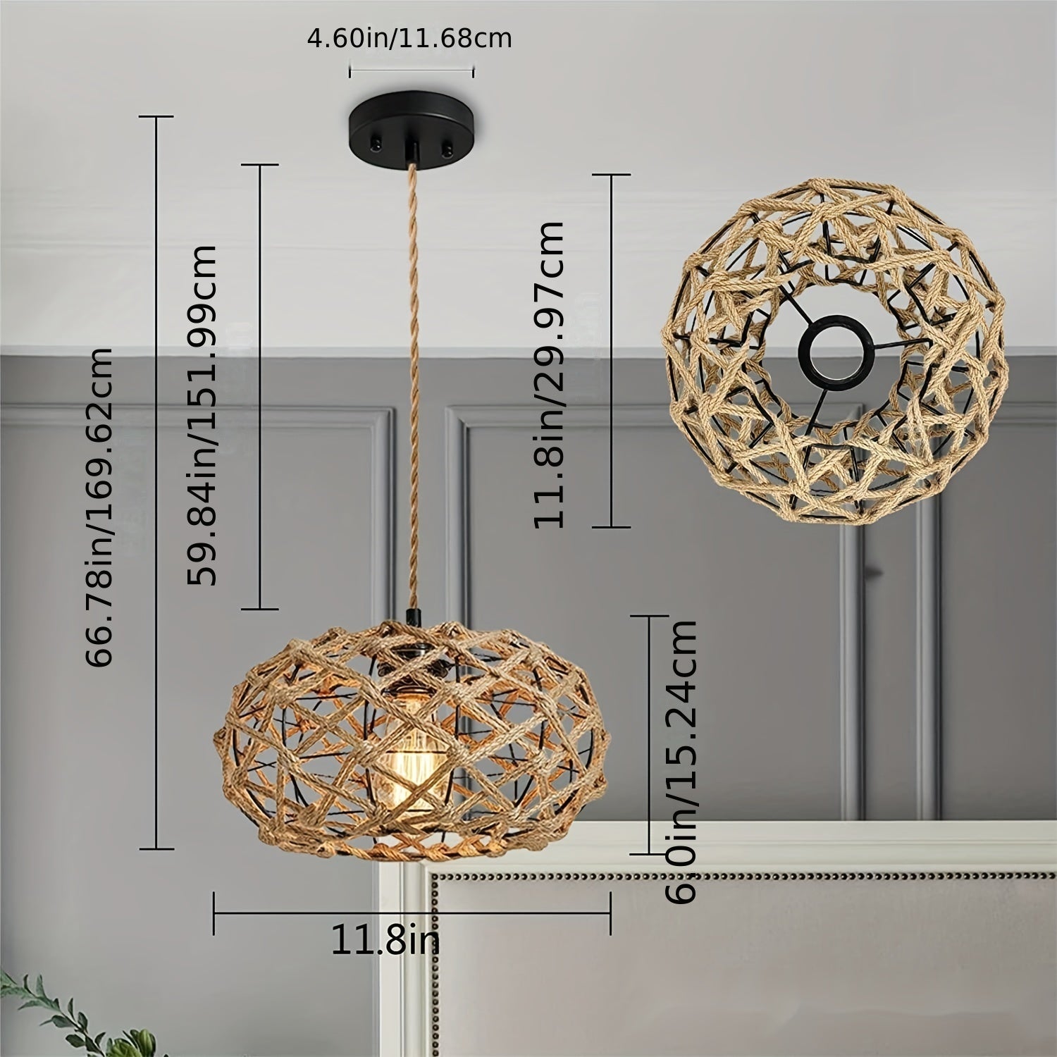 Handwoven Rattan Pendant Light with Jute Rope Woven Shade – Bohemian Rustic Rattan Hanging Lamp, Adjustable Hanging Rope and E26 Socket (Bulb Sold Separately), Suitable for Coastal Farmhouse Bohemian Style Ceiling Light Fixture