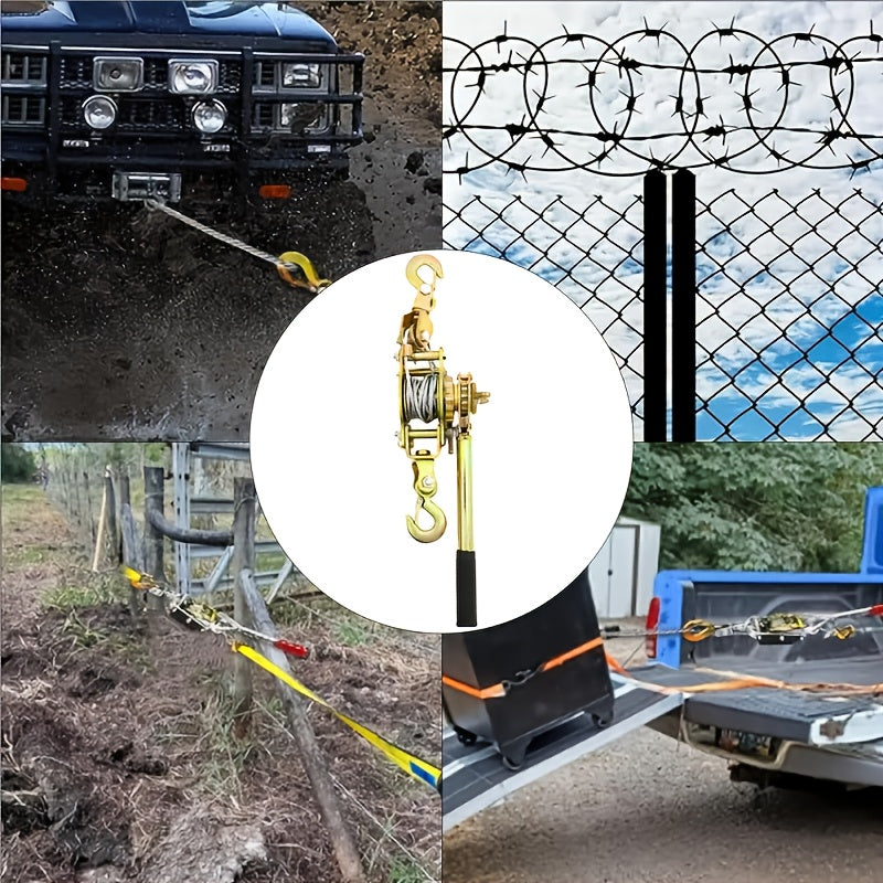 Manual Cable Puller Vehicle – Heavy Duty Steel Pulling Machine with 2 Hooks for Cargo Securing and Tensioning. Steel Cable Construction. Manual Cable Puller Vehicle, Portable Tire Securing Cable Winch for Trailers