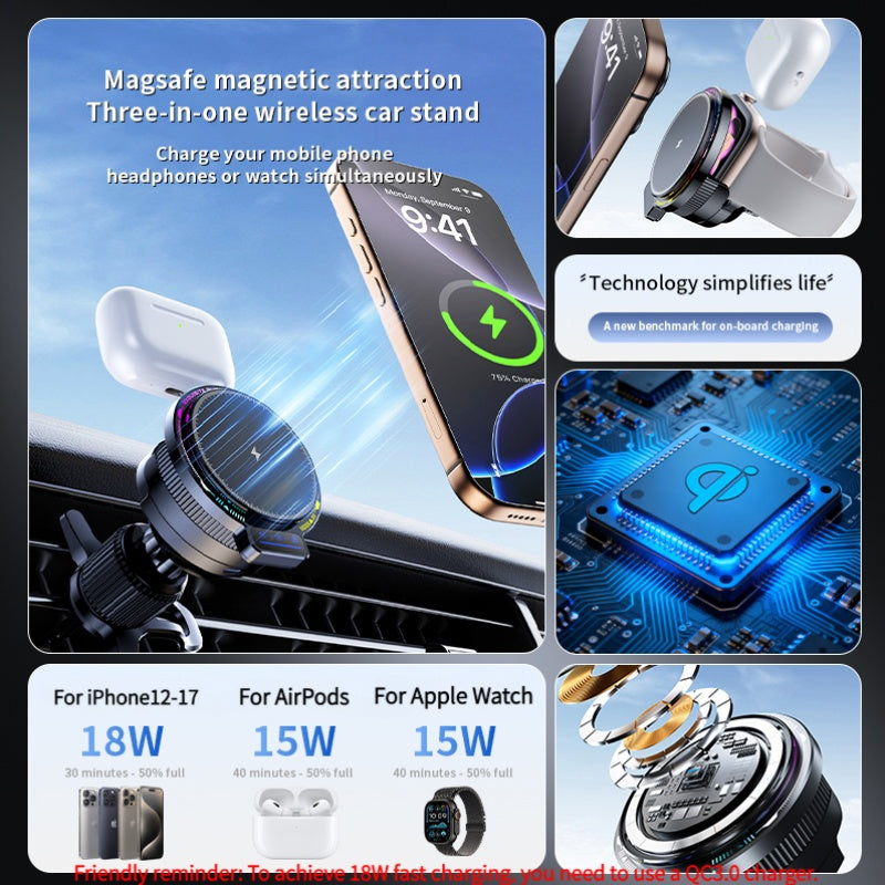 A Brand New Car Charger That Doesn'T Heat Up Easily, Featuring an 18W Magnetic Wireless Charging Car Mount with a Magnetic Plate. It Supports Charging for Apple Watch And Airpods, Has Multiple Uses