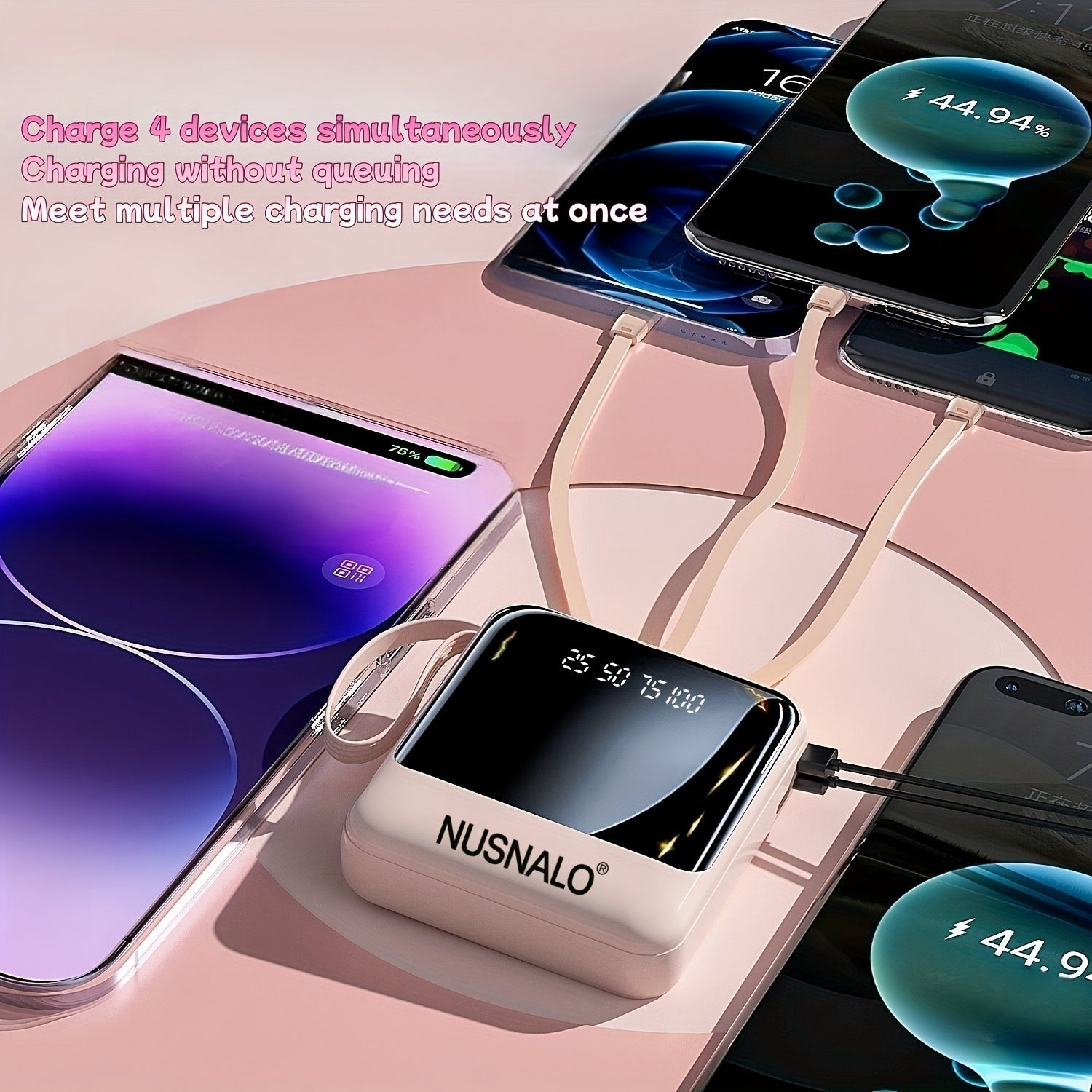 This Stylish And Compact 10, 000Mah Portable Power Bank Features Fast Charging at 5W, 15W, And 22.5W, with a Real-Time Battery Display And a Convenient Lanyard Design. It Includes a Bright LED Light And Comes with a Detachable 4-In-1 Cable