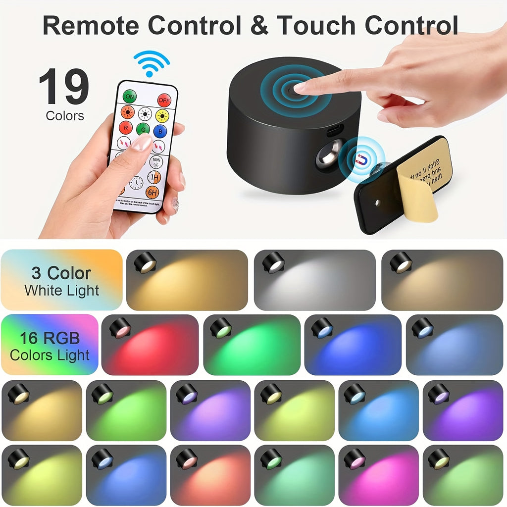2-Pack LED Smart Wall Light, Dimmable Wall Lamp with 3 Lighting Modes and 16-Color RGB Remote/Touch Control, Powered by 2000mAh Rechargeable Battery, Suitable for Bedside Reading