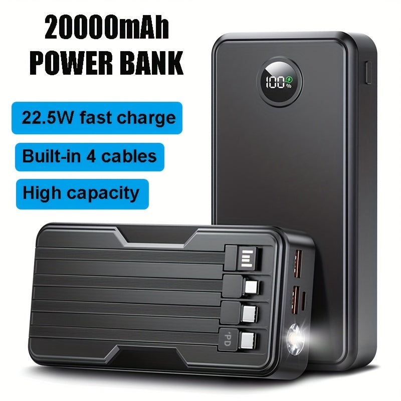 20000mAh Power Bank with 4 Built-in Cables, Travel Essential Portable Charger, 22.5W Fast Charging Battery Charger, USB-C Input/Output, 6 Output 2 Input Cell Phone Battery Pack, Smart Display Strong Light Travel Battery Pack for iPhone 16/15/14/13
