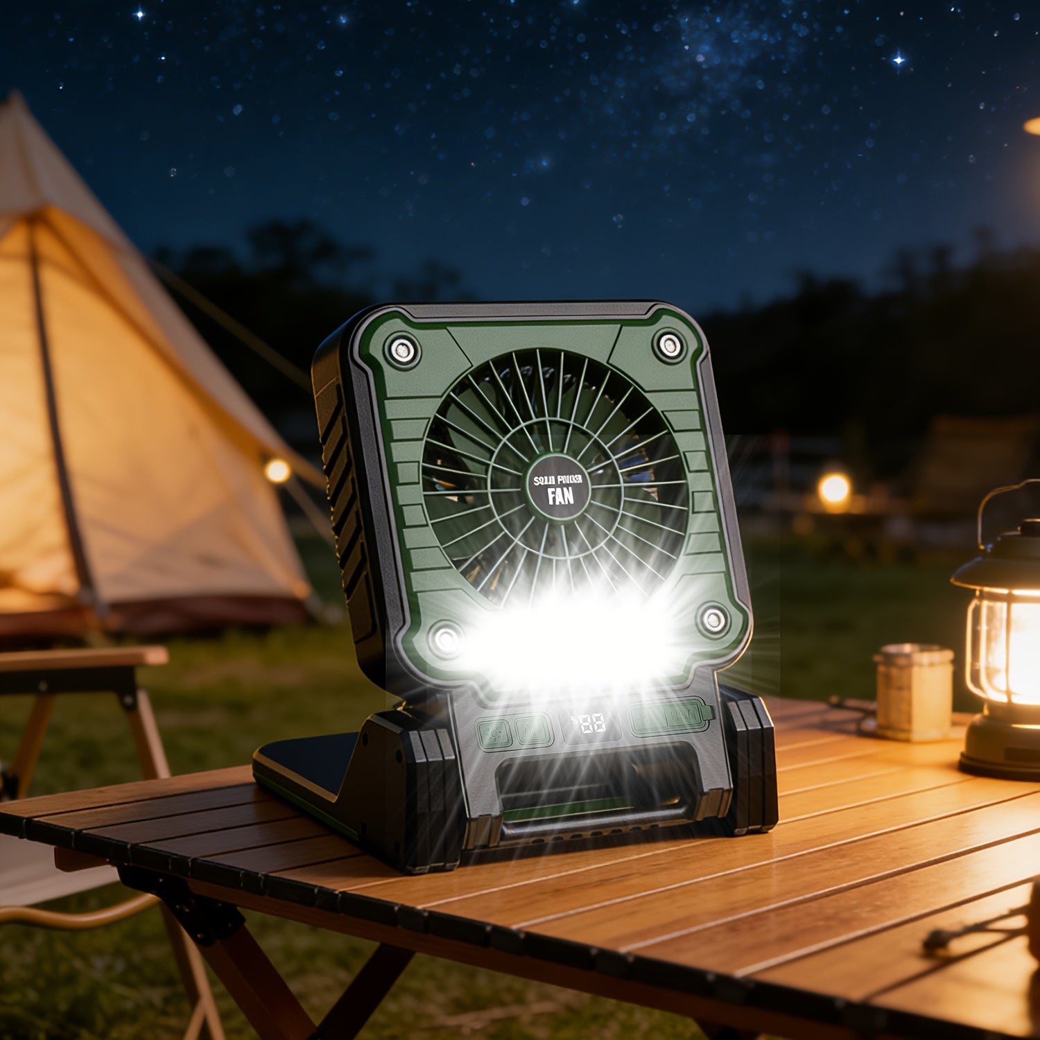 1PC Portable Foldable Solar Camping Fan with LED Light, 3 Speed Levels Adjustable, 5 Lighting Modes, Power Indicator & Power Output Function, 180° Angle Adjustment, Built-in Hook, Perfect for Camping