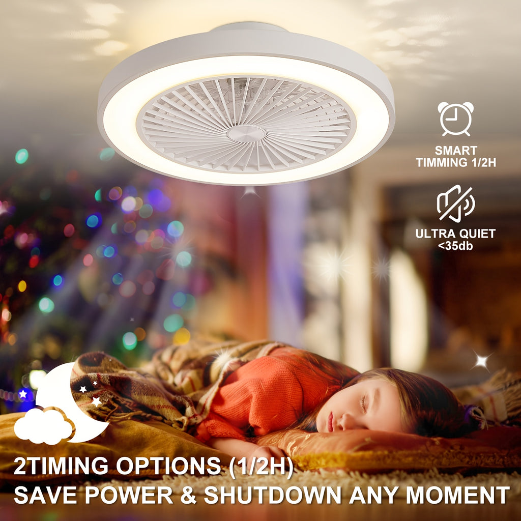 Low Profile Flush Mount Ceiling Fan with Light, 6-Speed Dimmable Bladeless Reversible Fan Light, Suitable for Bedroom, Dining Room, Living Room, Kitchen
