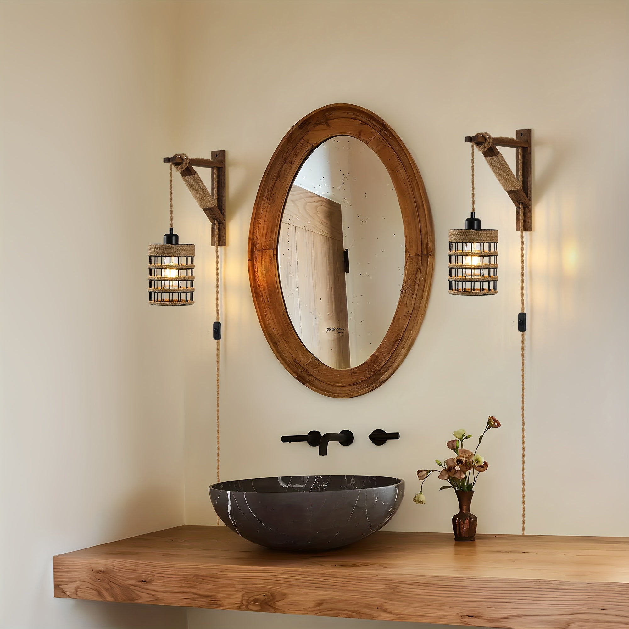 Two-Piece or One-Piece Plug-In Wall Light Without Wiring - Farmhouse Style Metal Cage and Wood Bracket Bedside Lamp, Suitable for Bedroom Headboard (Easy-to-Install Barn Light Decor) (Bulb Not Included)