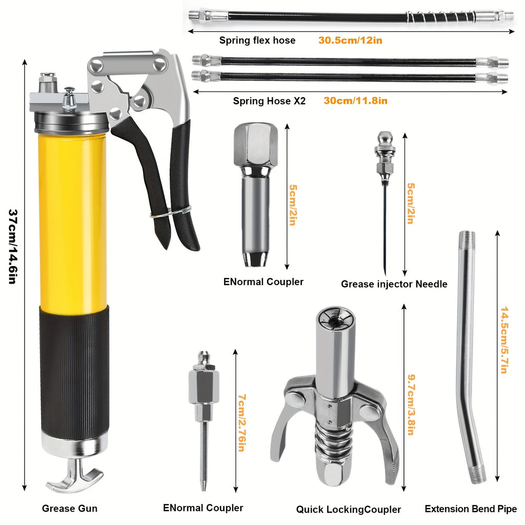 Heavy Duty Grease Gun Set - Flush-Type Nozzle, 8000 PSI Leak-Proof Pistol Grip, 18-Inch Flexible Hose, 2 Couplers, 2 Extension Tubes and Improved Pattern Nozzle - For Automotive & Industrial Professional Lubrication