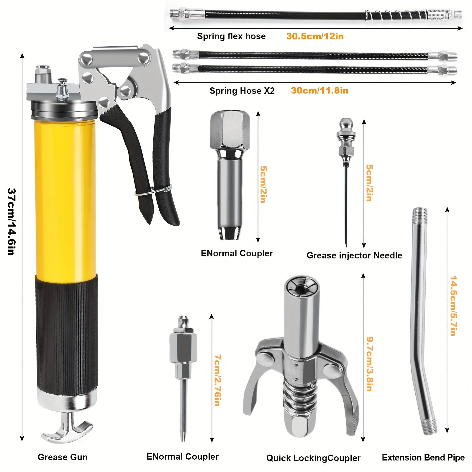 Heavy Duty Grease Gun Set - Flush-Type Nozzle, 8000 PSI Leak-Proof Pistol Grip, 18-Inch Flexible Hose, 2 Couplers, 2 Extension Tubes and Improved Pattern Nozzle - For Automotive & Industrial Professional Lubrication