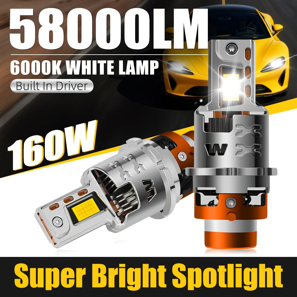 2-Pack Newest Car LED Headlight Bulbs D1S D2S D3S D4S D5S D8S High/Low Beam 160W Super Bright White 6000K CSP Chip Canbus, Each with Copper Tube and Fan, Plug-and-Play