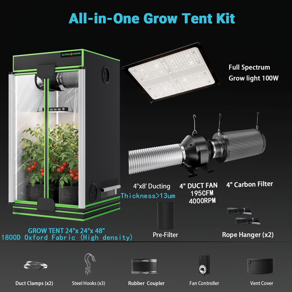 Pro 4x2/4x4/2x2 1800D Grow Tent Kit, 48"x24"x60", Complete Hydroponic System Kit for Indoor Plants, 100W Full Spectrum LED Grow Light, 240CFM 6" Inline Fan & Independent Carbon Filter Air Circulation, High-Reflective Mylar Setup