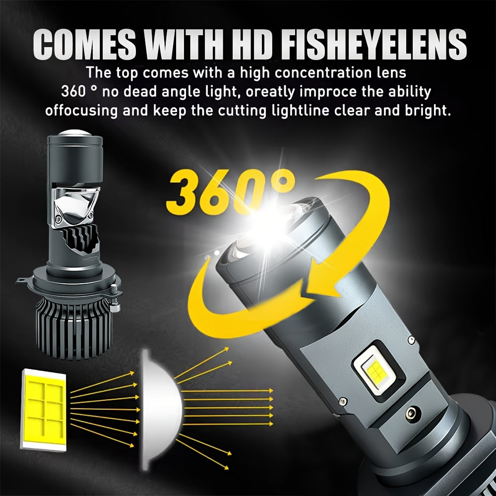 2-Pack H4 Super Bright LED Projector Lens, High/Low Beam Bulbs, 55600 Lumens, 280W, 12V, 6500K White Light Turbo Fan Car Light, for Left-Hand Drive - Plug-and-Play - QV050