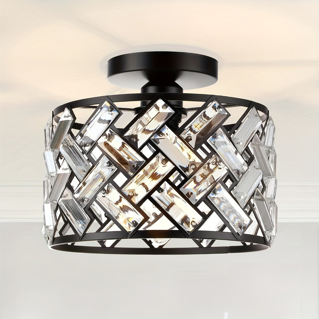 Amansur Modern Semi-Flush Mount Crystal Black Frame Ceiling Light - Semi-Recessed Installation, Suitable for Kitchen, Living Room, Bathroom, Entryway - Controller Sold Separately