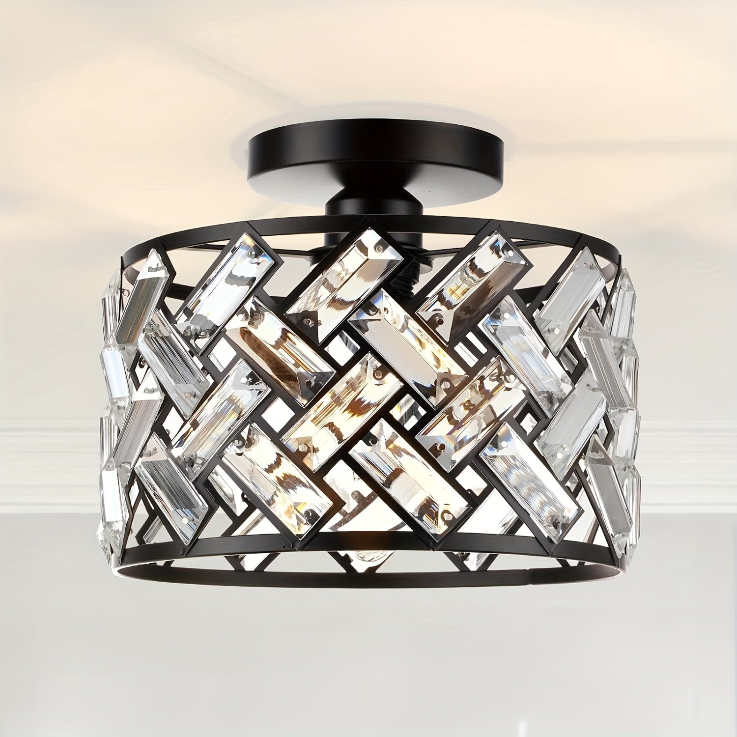 Amansur Modern Semi-Flush Mount Crystal Black Frame Ceiling Light - Semi-Recessed Installation, Suitable for Kitchen, Living Room, Bathroom, Entryway - Controller Sold Separately