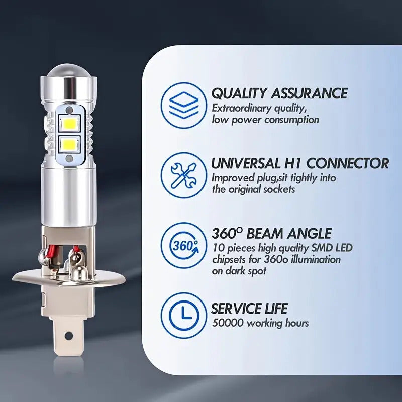 H1 LED Headlight Bulb Set (2Pcs), for High Beam, Low Beam, Fog Light, 6000K White Light, 50W, No Battery Included