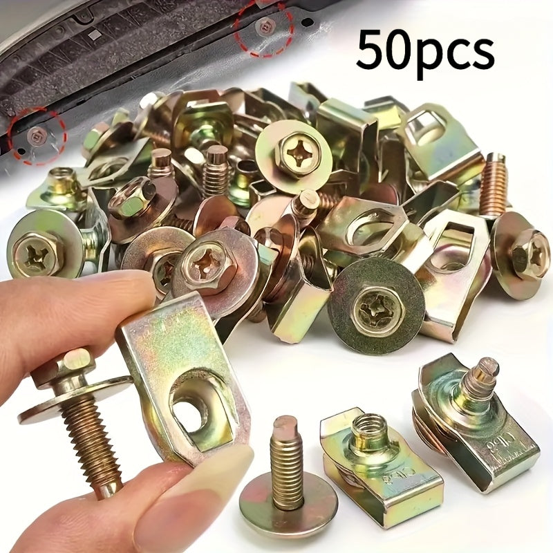 [50-Piece Gold Body Bolt Set] M6 Body Bolts & U-Type Press Nuts (25 Screws + 25 Clips) | Universal Fasteners for Hood, Bumper, Fender, Splash Shield | Rust-Proof Metal Fasteners & Rivet Screws