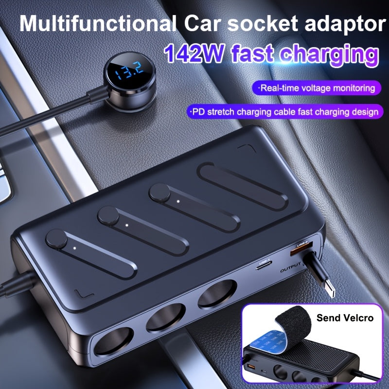 6-in-1 Retractable  Charger with 39.37-inch Retractable Cable, Multi-Function  Charger, 12V/24V, Type-C and QC3.0, USB PD Charging Ports, Independent Switch, LED Voltage Display