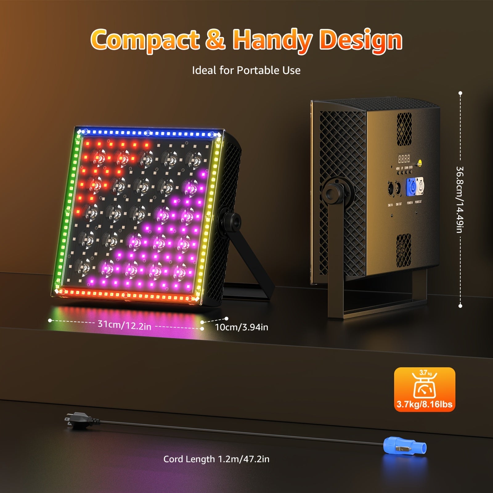 This 200W Gold LED Wall Washer Light is equipped with three automatic sound-activated modes and supports flexible DMX512 (15-channel) control, as well as automatic master/slave function. Perfect for stages, bars, and restaurants.