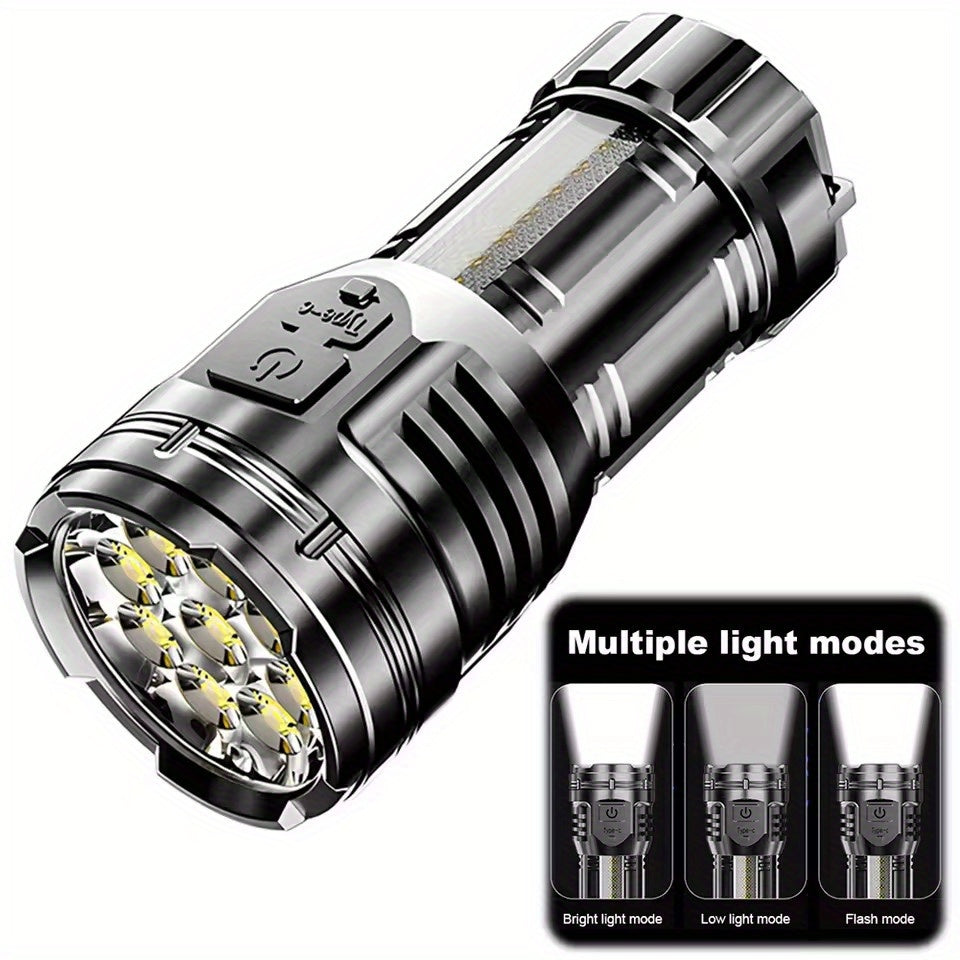 1PC 2025 New Rechargeable 9-LED Flashlight with COB Side Light, USB Power Supply, 1800mAh Lithium Battery, Standard Functions Including USB Cable, Portable Emergency Spotlight for Outdoor Use