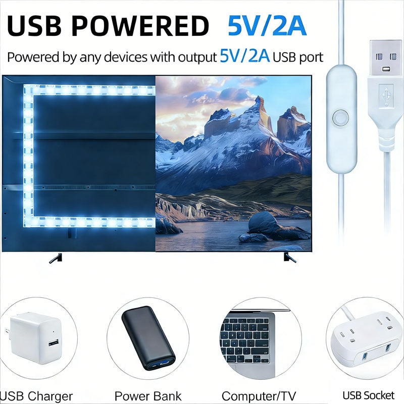 USB供电柔性贴片LED灯带，冷白光，30颗/米，带简易按钮控制，打造完美游戏与电视沉浸式照明