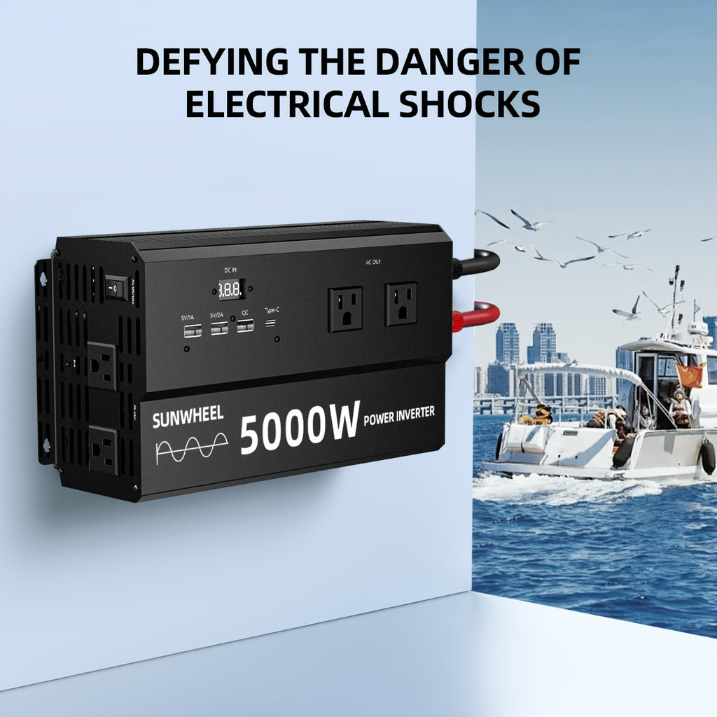 纯正波5000W 4000W 110V车载电源逆变器，快速充电，数字电压显示，智能快速充电，5000W大功率变压器-车载3个USB插头，1个Type-C插头，适用于汽车，家庭，笔记本电脑，卡车，美规插座