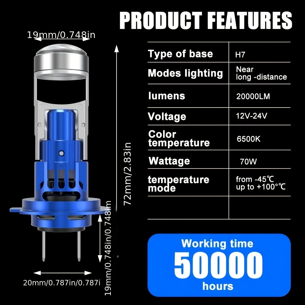 TOAUTO 2-Pack H7 LED Lens Car Headlight Bulbs CSP 3570 Projector Lens 1:1 Ratio 6500K Color Temperature Vehicle CAN Bus Compatible 70W Power 20000 Lumens Car Fog Light Auto Lamp