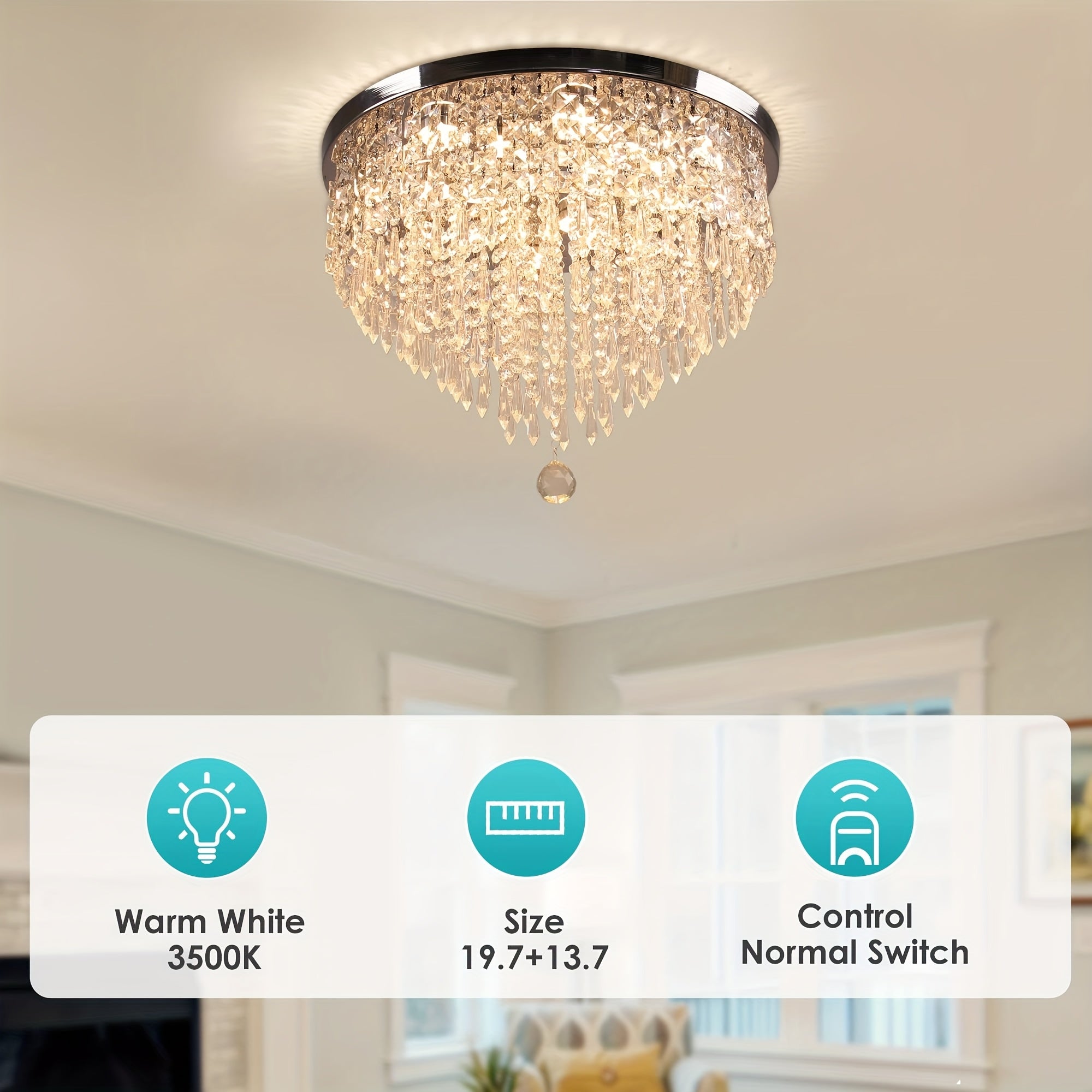 19.7-Inch Modern Crystal Chandelier LED Recessed Ceiling Light, Suitable for Dining Room, Bedroom and Living Room, Warm White Light