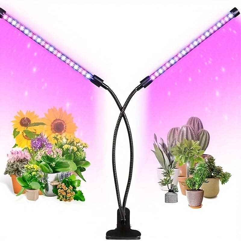 Dual-head round tube clip-on indoor plant grow light, three-color dimming (white/red/blue), with 3/9/12 hour timer function, allowing plants to enjoy sunlight indoors at night as well. Ideal birthday gift for gardening enthusiasts