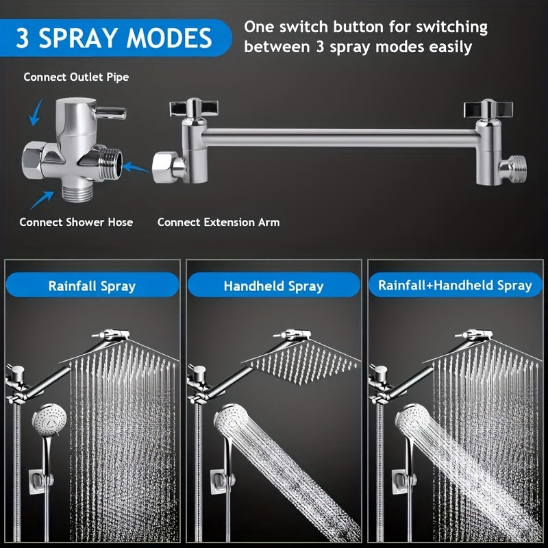 Shower Head - 8" High Pressure Rain Shower Head & Handheld Combo with 11" Extension Arm, 5-Setting Adjustable Leak-Proof, with Holder/Hose, Height & Angle Adjustable