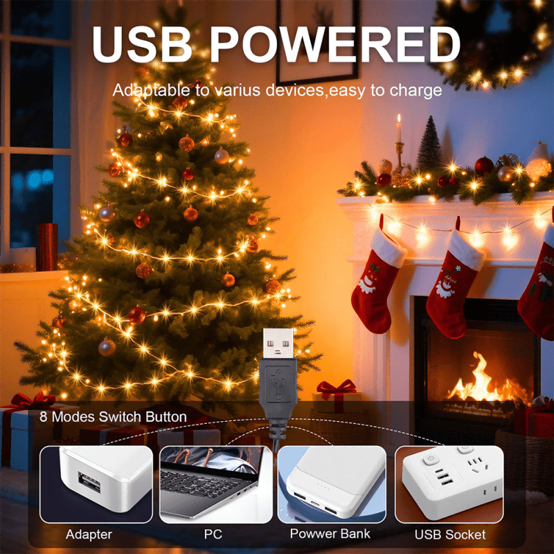 USB铜线灯串，100/50/30/10LED，仙女灯串，用于婚礼、派对、返校、卧室、春季装饰、生日装饰，是圣诞节、情人节、感恩节的最佳选择，室内灯串
