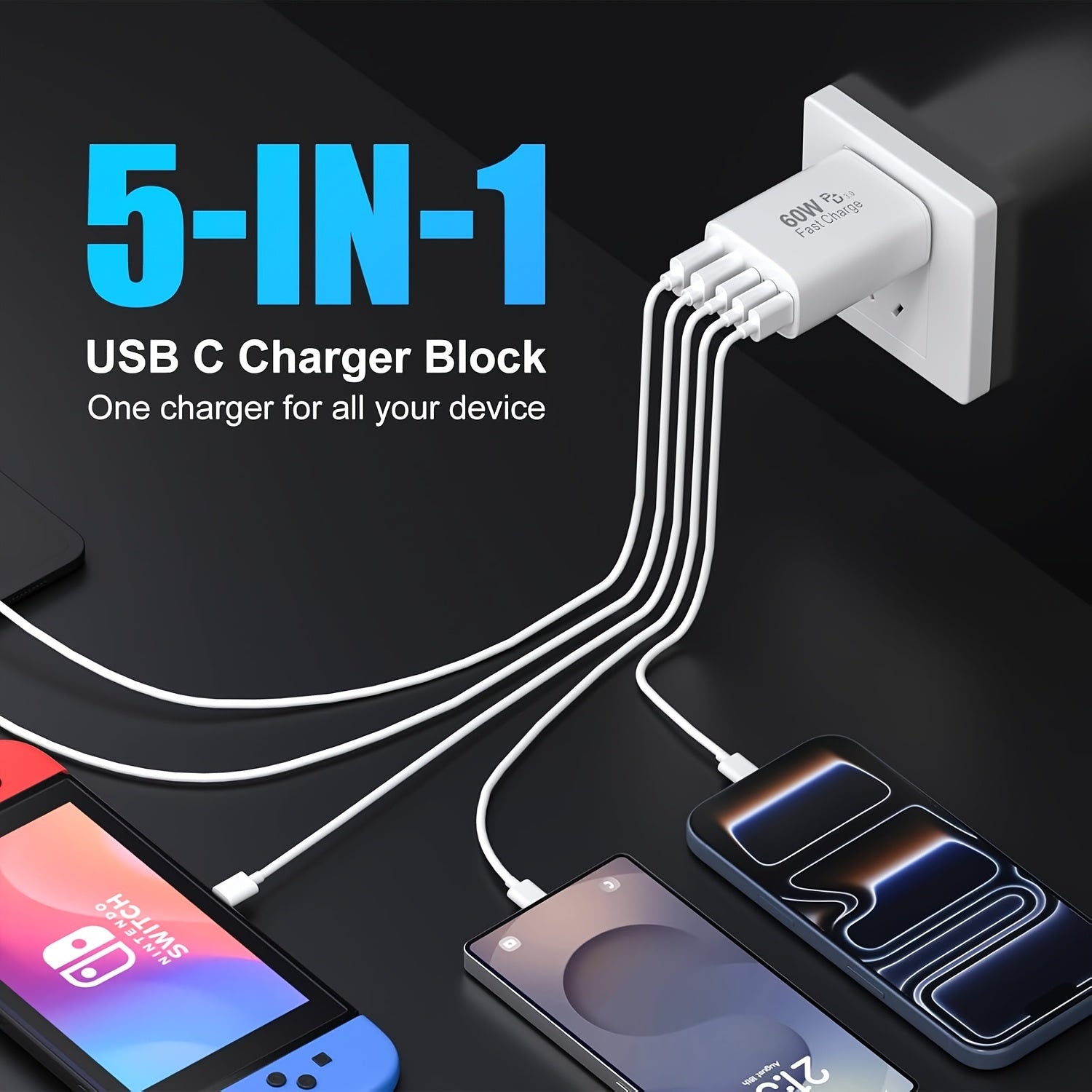 65W USB-C Charging Block, Quick Wall-Mounted Power Adapter, 5-Port USB-C Power Supply, Compatible with for Iphone 17/16/15 Pro Max/Plus/Xsipad Pro, Galaxy S25/S24 Tablets, And Various Other Devices